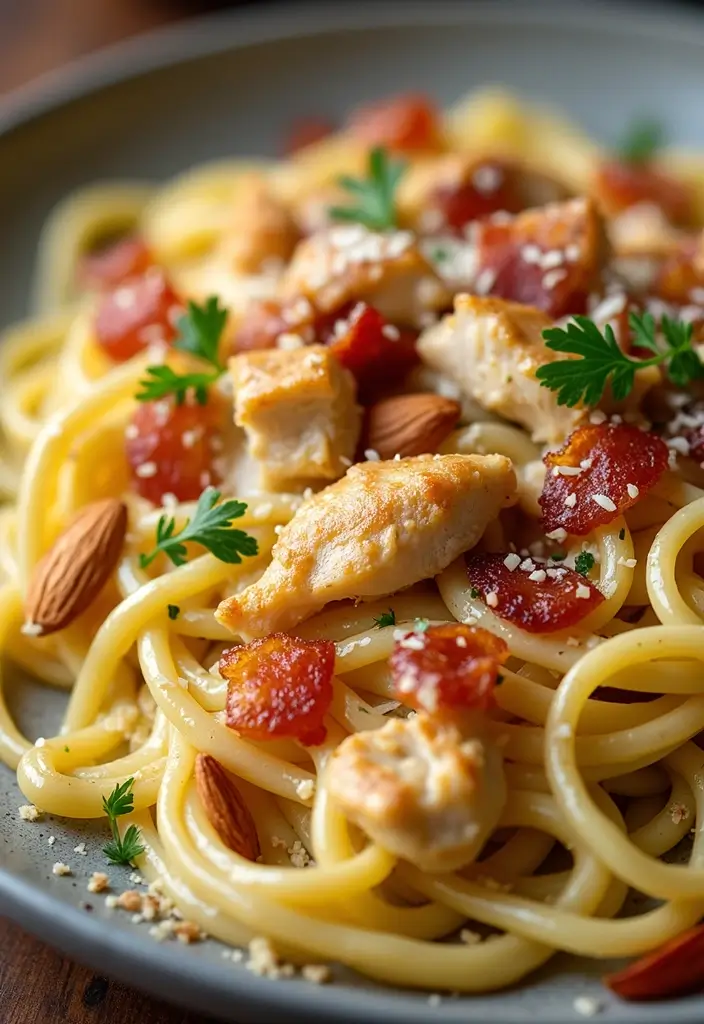 27 Chicken Bacon Carbonara Pasta Recipes That Taste Divine - 22. Chicken Bacon Carbonara with Almonds