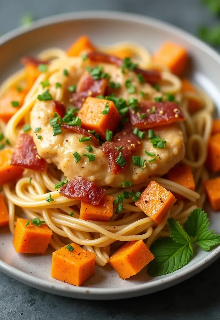 27 Chicken Bacon Carbonara Pasta Recipes That Taste Divine - 25. Chicken Bacon Carbonara with Sweet Potato