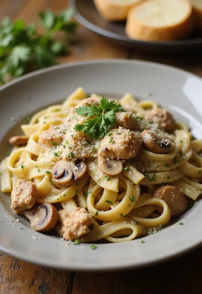 27 Chicken Garlic Parmesan Pasta Recipes That Are Cheesy Heaven - 11. Garlic Parmesan Chicken Pasta with Mushrooms
