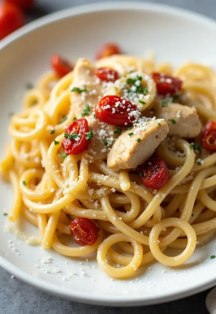 27 Chicken Garlic Parmesan Pasta Recipes That Are Cheesy Heaven - 17. Chicken Garlic Parmesan Pasta with Sun-Dried Tomatoes