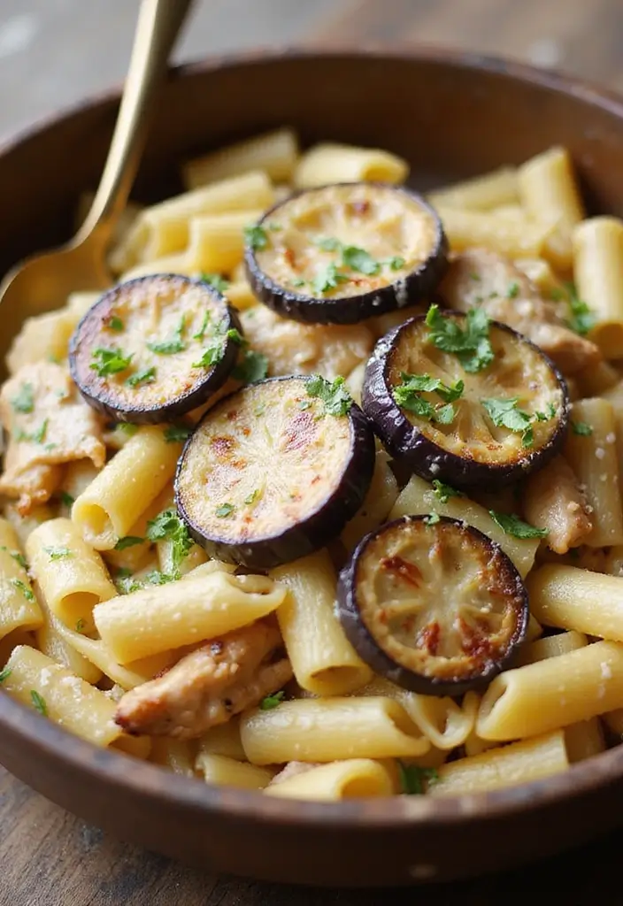 27 Chicken Garlic Parmesan Pasta Recipes That Are Cheesy Heaven - 18. Chicken Garlic Parmesan Pasta with Eggplant