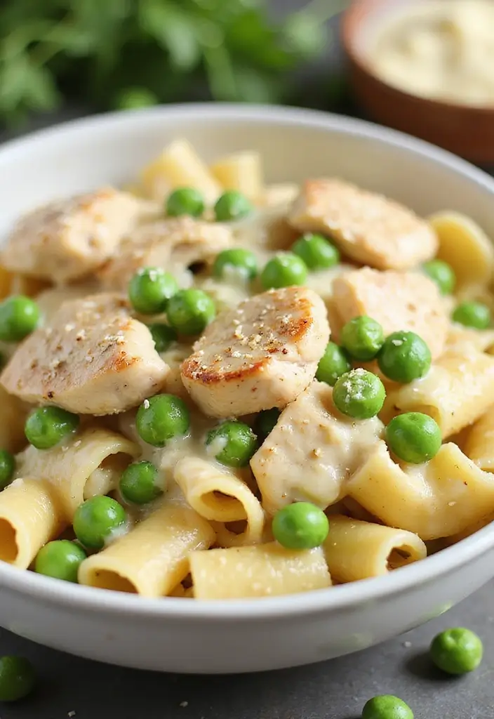 27 Chicken Garlic Parmesan Pasta Recipes That Are Cheesy Heaven - 19. Chicken Garlic Parmesan Pasta with Peas