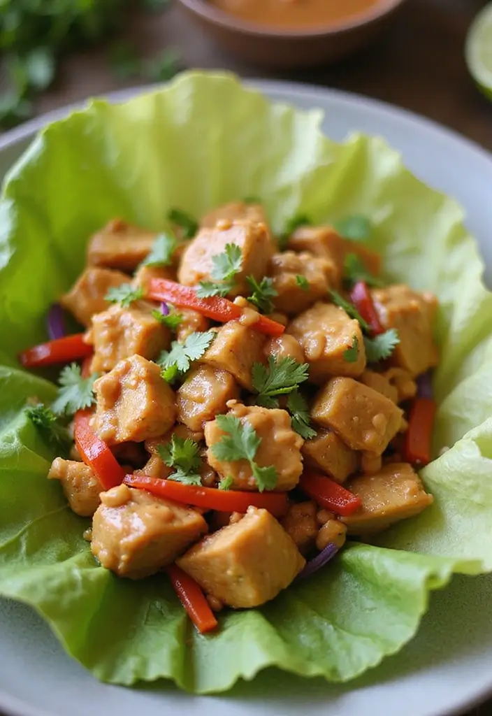 27 Thai Chicken Lettuce Wraps Recipes That Are Crunchy & Clean - 2. Spicy Thai Chicken Lettuce Wraps with Peanut Sauce