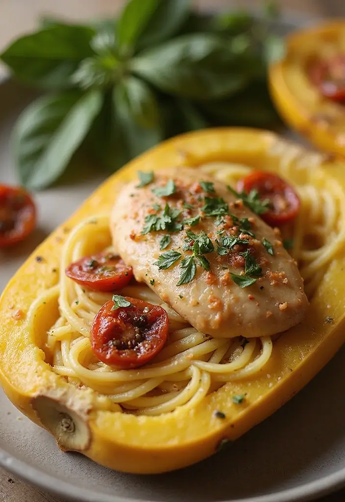 27 Tuscan Chicken Spaghetti Squash Recipes That Are Low-Carb & Delicious - 10. Tuscan Chicken Spaghetti Squash with Sun-Dried Tomatoes