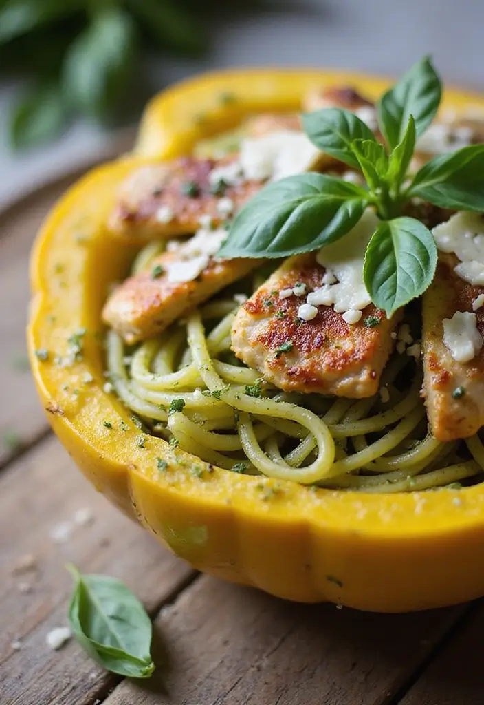 27 Tuscan Chicken Spaghetti Squash Recipes That Are Low-Carb & Delicious - 7. Tuscan Pesto Chicken Spaghetti Squash