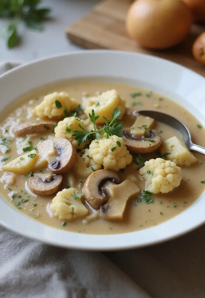 29 Rotisserie Chicken Mushroom Soup Recipes That Are Creamy & Rich - 25. Creamy Chicken Mushroom Soup with Cauliflower