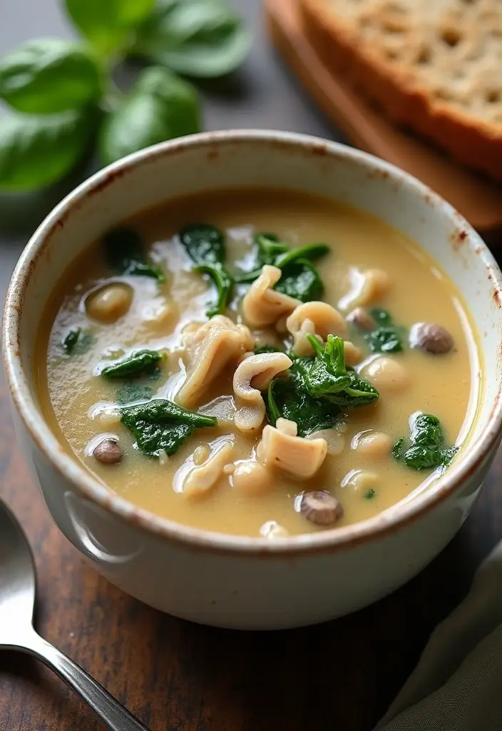 29 Rotisserie Chicken Mushroom Soup Recipes That Are Creamy & Rich - 6. Creamy Chicken Mushroom Soup with Spinach