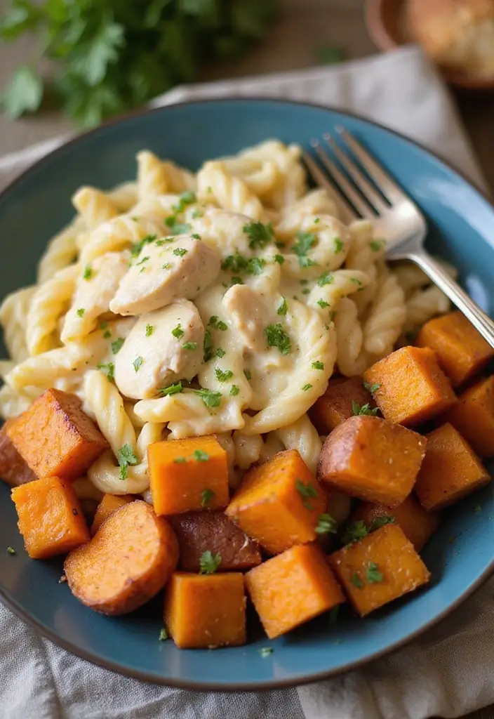 30 White Cheddar Chicken Pasta Recipes That Are Cheesy Heaven - 21. White Cheddar Chicken and Sweet Potato Pasta