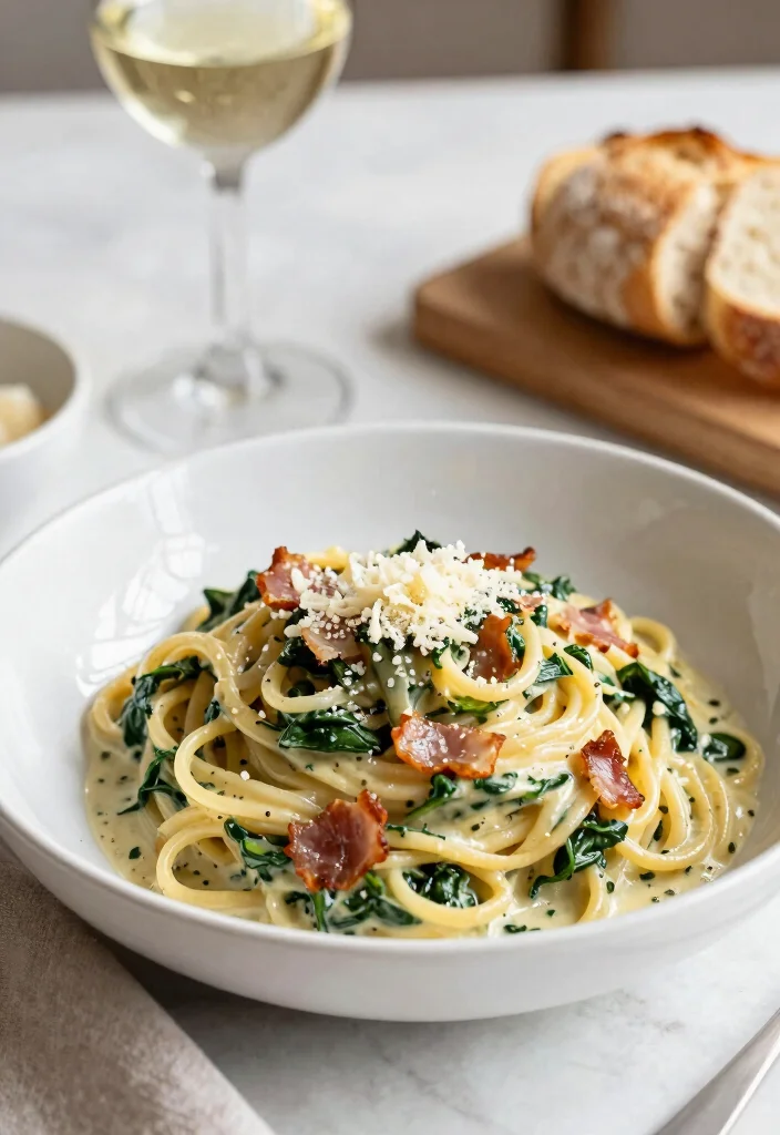 16 Bacon Recipes for Dinner: Crispy Savory Favorites - 10. Creamy Bacon & Spinach Pasta 1