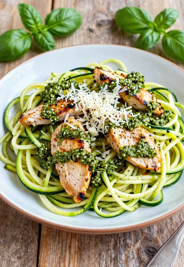 16 Dinner Recipes Low Carb Easy Satisfying Plates - 1. Zucchini Noodles with Pesto and Grilled Chicken 1