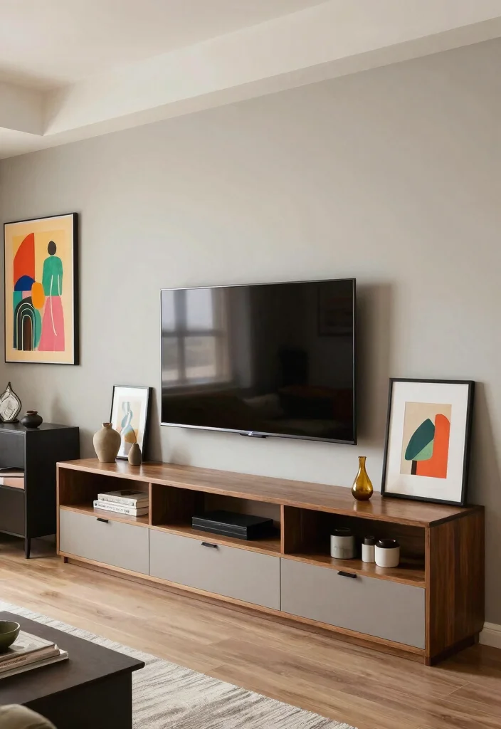 15 Drawing Room TV Unit Ideas With Elegant Finish - 12. Statement Art Integration 1