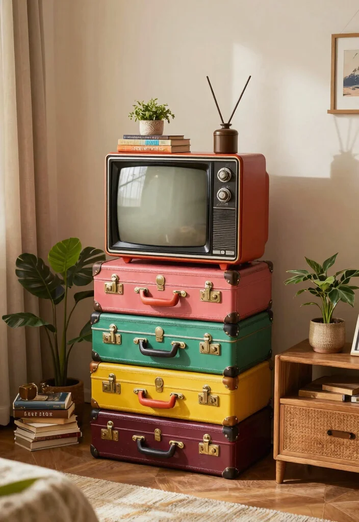15 Unique TV Stand Ideas That Make a Statement - 4. Vintage Suitcase Stand 1