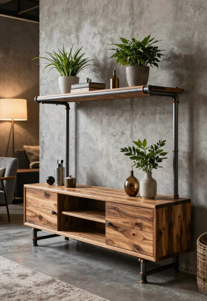 15 Unique TV Stand Ideas That Make a Statement - 5. Industrial Pipe and Wood 1