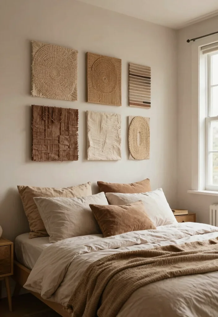 16 Aesthetic Wall Art Bedroom Ideas With Dreamy Vibes - 10. Earthy Tones with Textured Accents 1