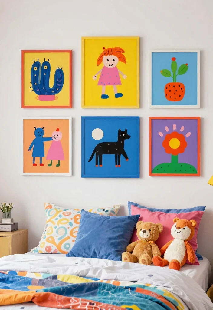 16 Aesthetic Wall Art Bedroom Ideas With Dreamy Vibes - 15. Whimsical Kids’ Art for a Playful Touch 1