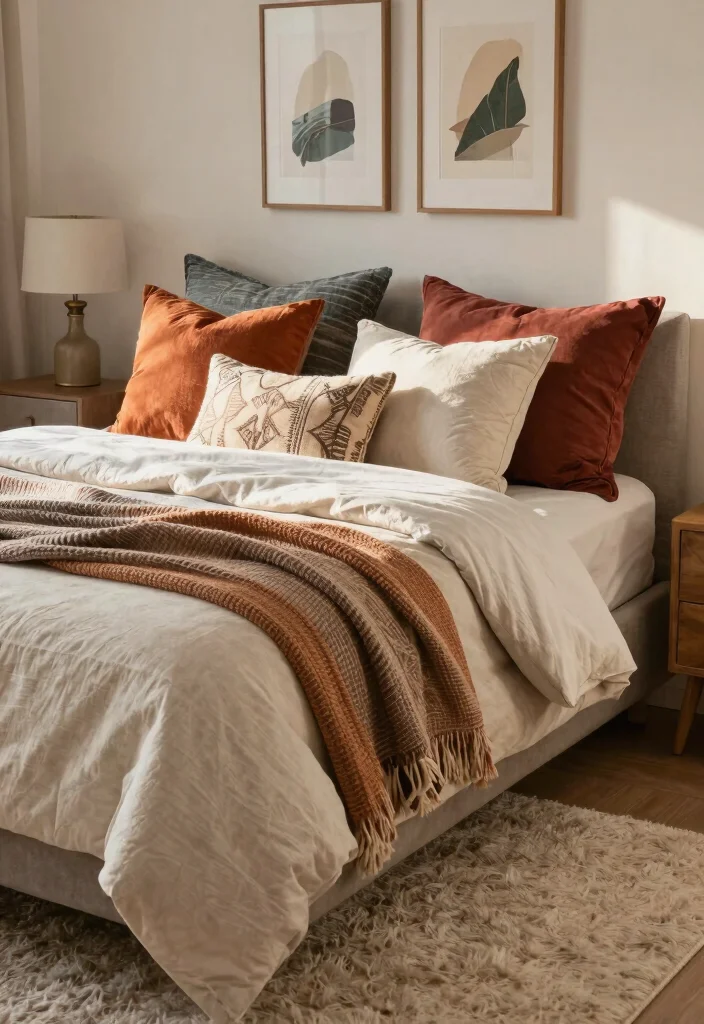 16 Aesthetic Wall Art Bedroom Ideas With Dreamy Vibes - 16. Cozy Pillows and Throws as Functional Decor 1