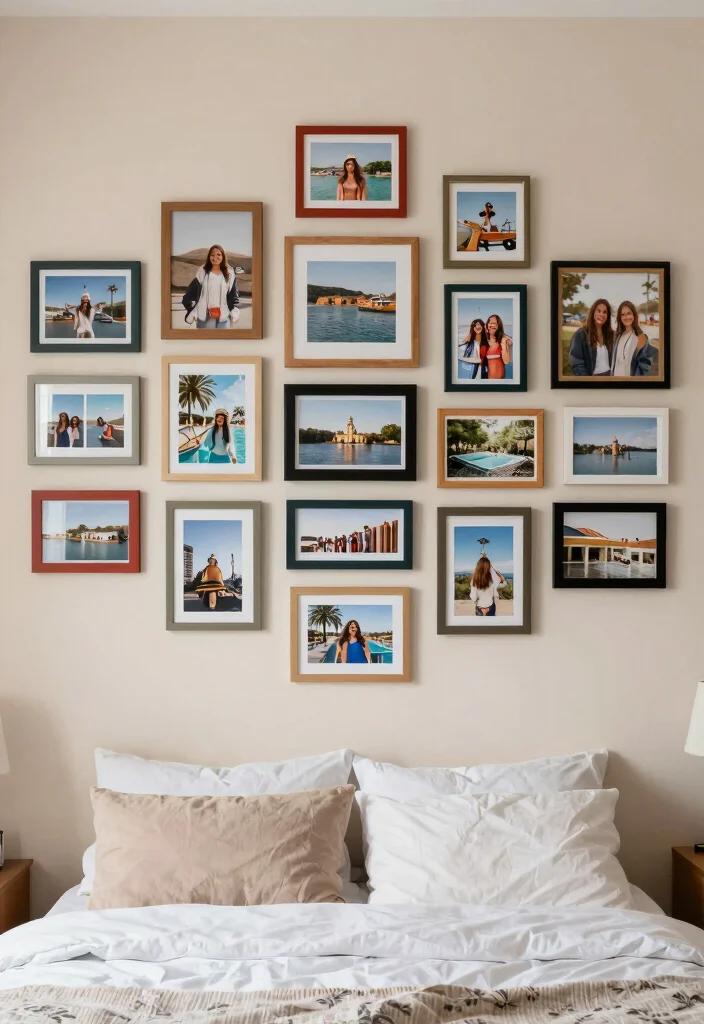 16 Aesthetic Wall Art Bedroom Ideas With Dreamy Vibes - 8. Colorful Framed Postcards and Photos 1