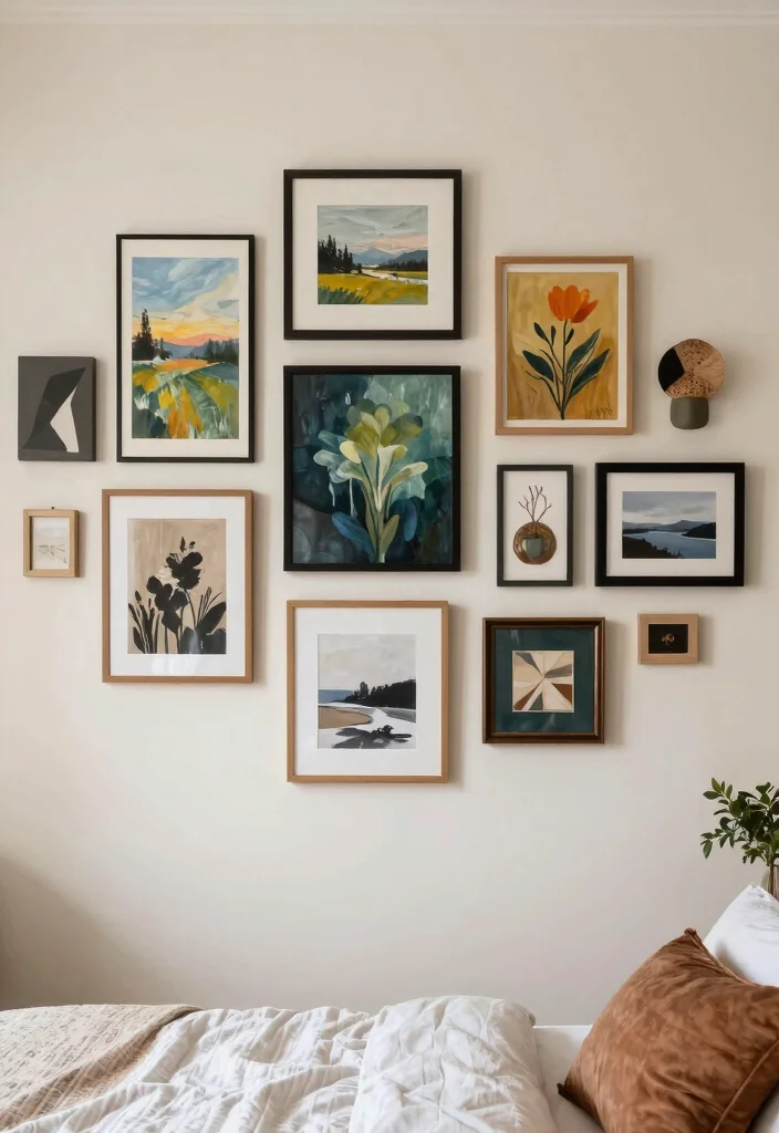 16 Aesthetic Wall Art Bedroom Ideas With Dreamy Vibes - 9. Layered Wall Art for Depth 1