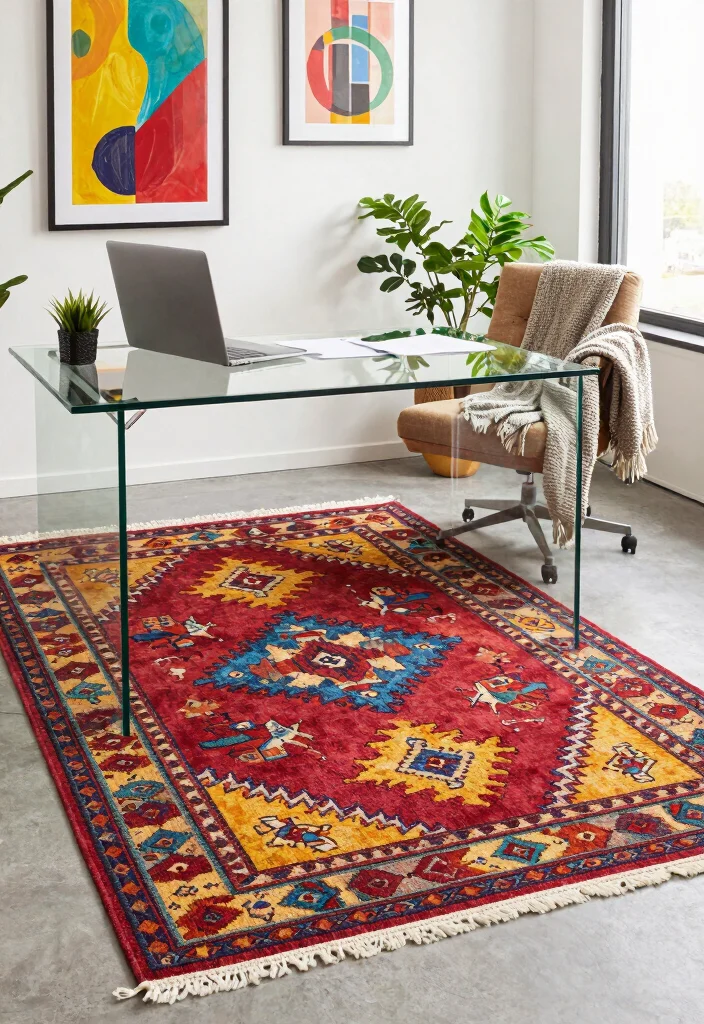 16 Home Office Rug Ideas That Elevate Your Workspace 3 16 Home Office Rug Ideas That Elevate Your Workspace - 2. Vibrant Kilim Rugs 1