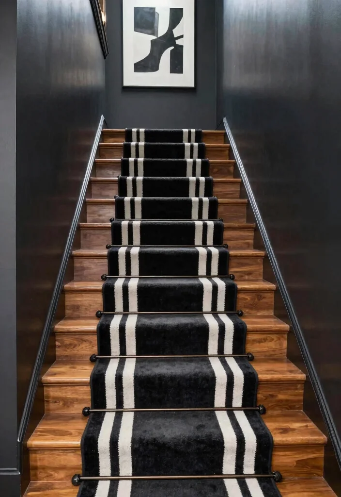16 Rug Runner Stairs Ideas That Add Style & Safety 14 16 Rug Runner Stairs Ideas That Add Style & Safety - 13. High-Contrast Colors for Dramatic Appeal 1