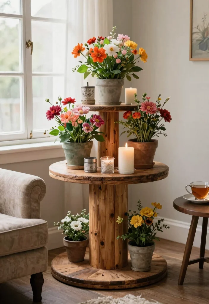 16 Wood Display Stand Ideas With Functional Style - 13. Vintage Spool Stand 1