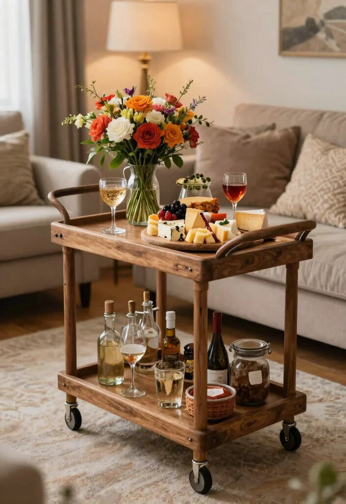 16 Wood Display Stand Ideas With Functional Style - 15. Wooden Serving Cart 1