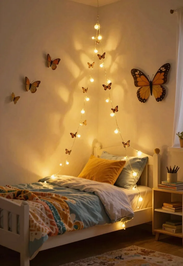 17 Butterfly Wall Decor Ideas With Delicate Charm - 10. Butterfly String Lights 1