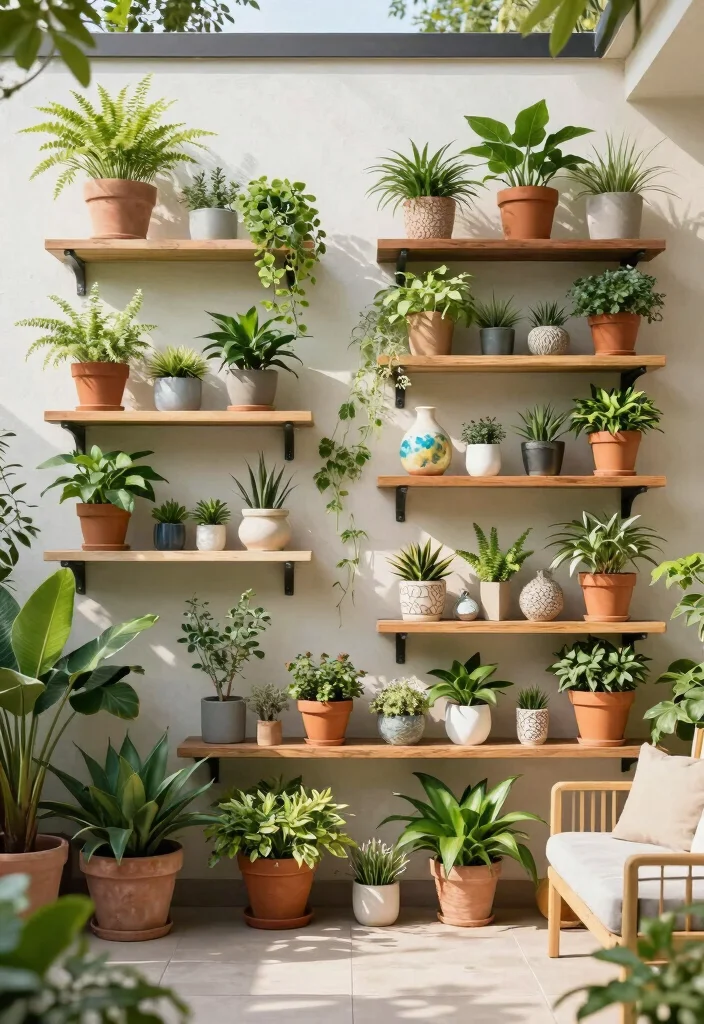 17 Terrace Wall Decor Ideas That Transform Outdoor Spaces - 11. Garden Wall Shelves 1