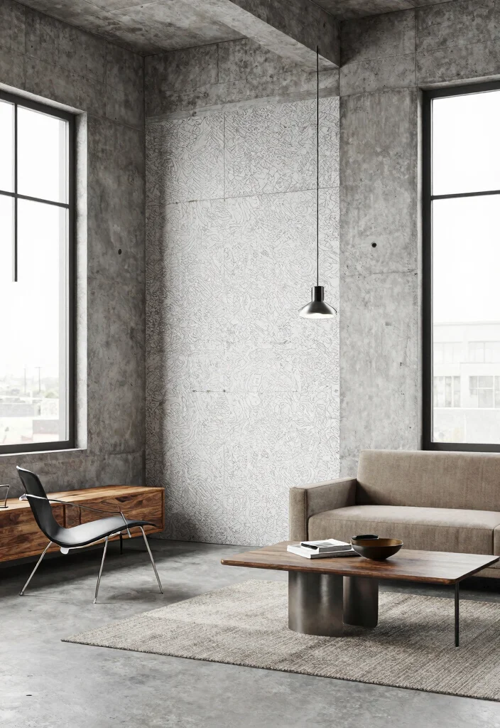 17 Wall Panels With Wallpaper Ideas That Elevate Interiors - 7. Industrial Chic with Concrete Panels 1