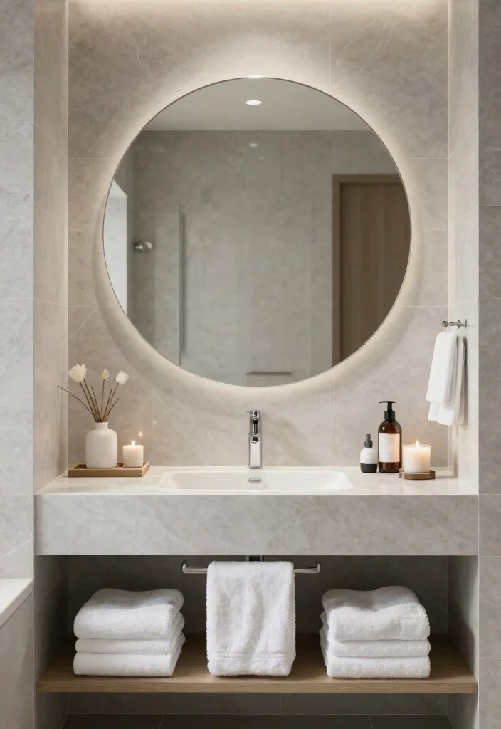 18 Bathroom With Round Mirror Ideas That Feel Soft & Modern - 10. Luxurious Spa Vibes 1