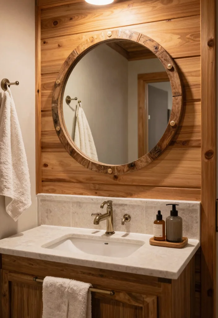 18 Bathroom With Round Mirror Ideas That Feel Soft & Modern - 13. Cozy Cabin Retreat 1