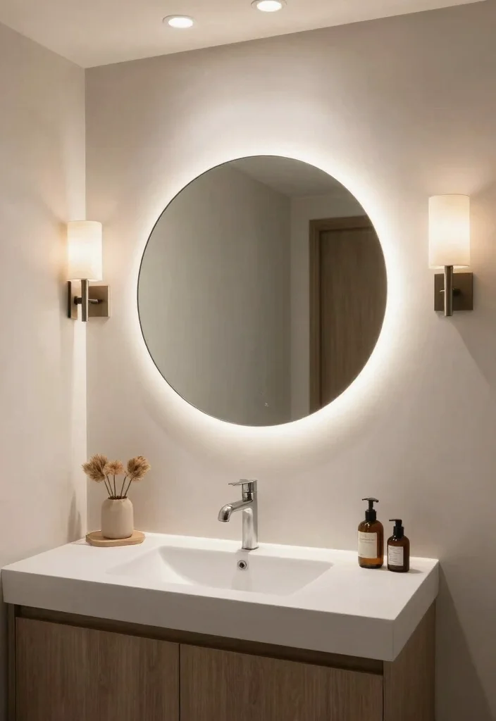18 Bathroom With Round Mirror Ideas That Feel Soft & Modern - 15. Layered Lighting Effects 1