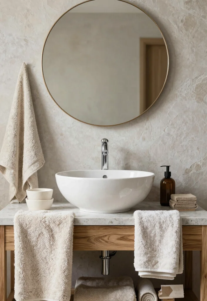 18 Bathroom With Round Mirror Ideas That Feel Soft & Modern - 16. Textural Play 1