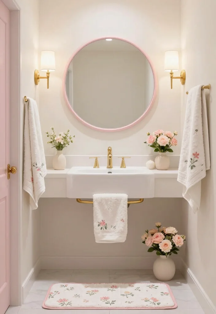 18 Bathroom With Round Mirror Ideas That Feel Soft & Modern - 4. Soft Pastels and Feminine Touches 1