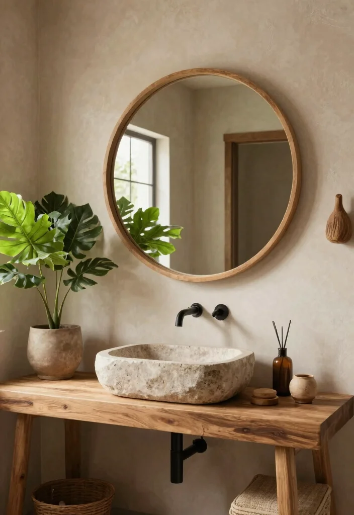 18 Bathroom With Round Mirror Ideas That Feel Soft & Modern - 7. Nature-Inspired Oasis 1
