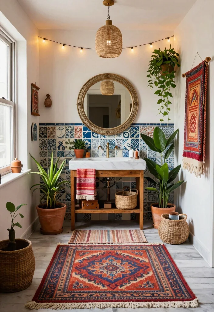 18 Bathroom With Round Mirror Ideas That Feel Soft & Modern - 9. Bohemian Bliss 1