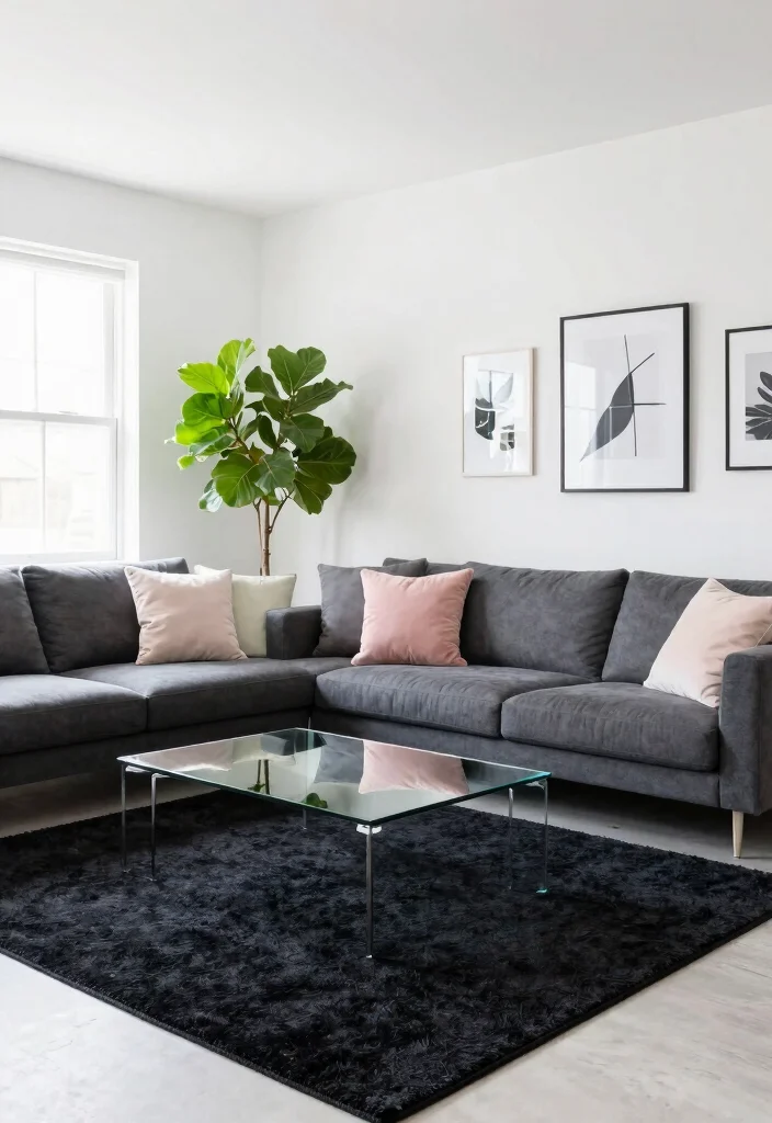 18 Black Rug Living Room Ideas With Bold Contrast 2 18 Black Rug Living Room Ideas With Bold Contrast - 1. Crisp White Walls with Charcoal Accents 1