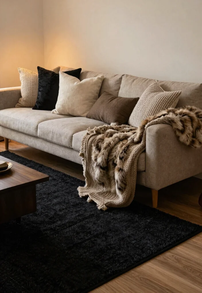 18 Black Rug Living Room Ideas With Bold Contrast 8 18 Black Rug Living Room Ideas With Bold Contrast - 7. Textured Layers for Cozy Warmth 1