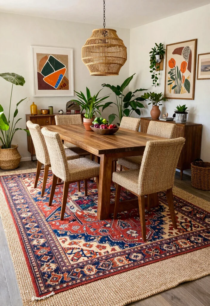 18 Dining Room Area Rug Ideas That Define the Space 11 18 Dining Room Area Rug Ideas That Define the Space - 10. Bohemian Vibes with Layered Rugs 1