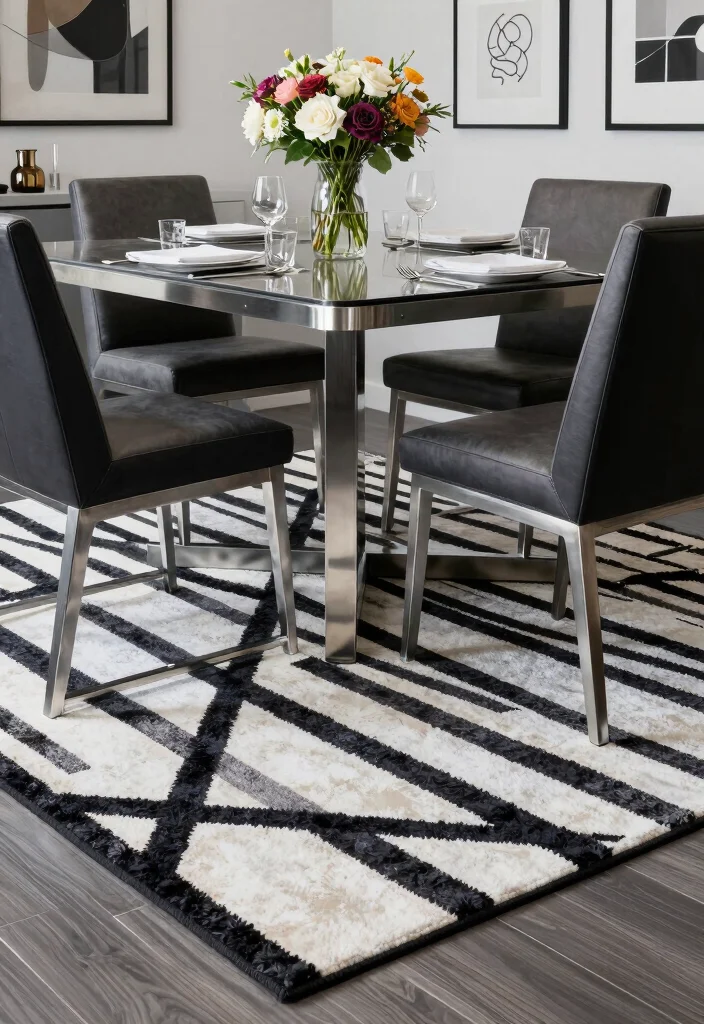 18 Dining Room Area Rug Ideas That Define the Space 14 18 Dining Room Area Rug Ideas That Define the Space - 13. Monochrome Magic for a Sleek Look 1