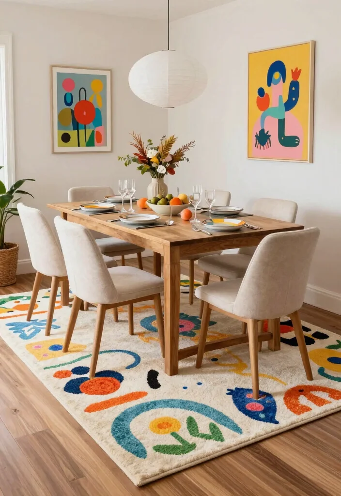 18 Dining Room Area Rug Ideas That Define the Space 15 18 Dining Room Area Rug Ideas That Define the Space - 14. Playful Patterns for Fun Dining 1