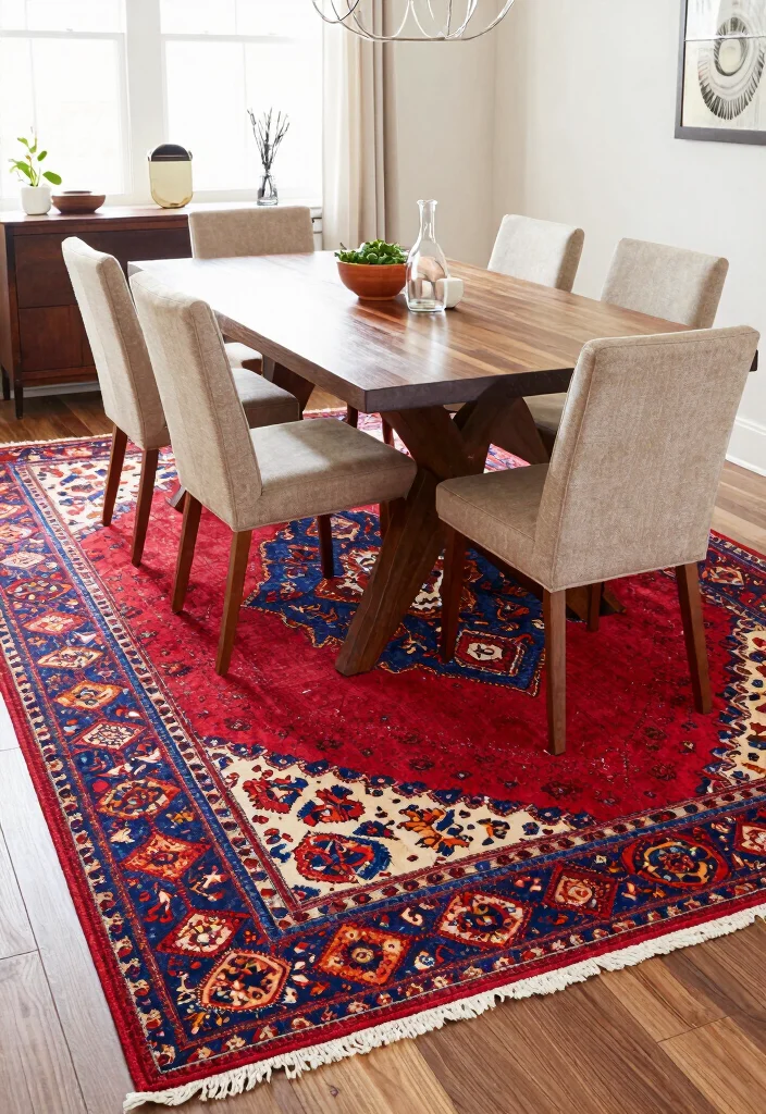 18 Dining Room Area Rug Ideas That Define the Space 18 18 Dining Room Area Rug Ideas That Define the Space - 17. Statement Rugs for a Bold Centerpiece 1