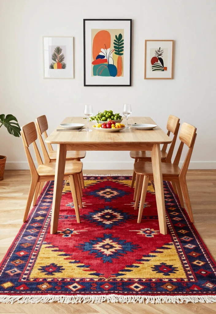 18 Dining Room Area Rug Ideas That Define the Space 5 18 Dining Room Area Rug Ideas That Define the Space - 4. Vintage Kilim Rugs for Artistic Flair 1